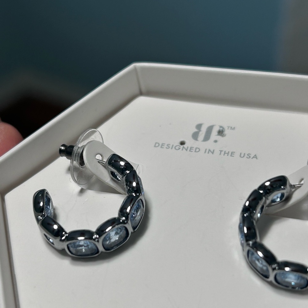 bp Silver-Tone Hoop Earrings with Light Blue Stones